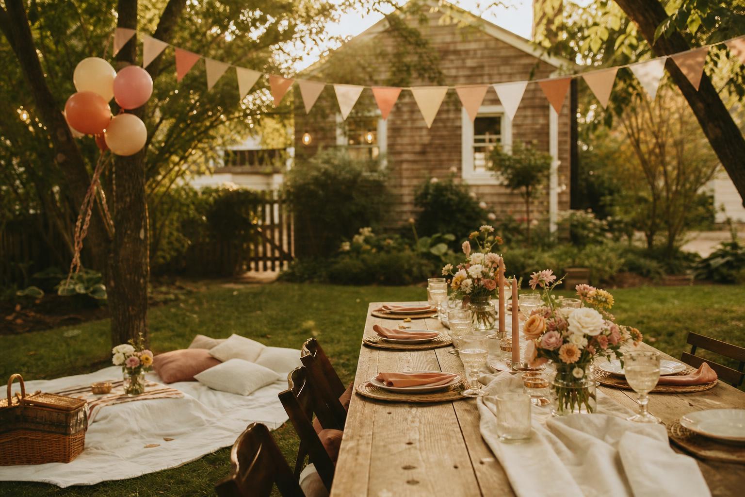 Gedeckter Tisch bei Gartenfest mit Wimpelkette
