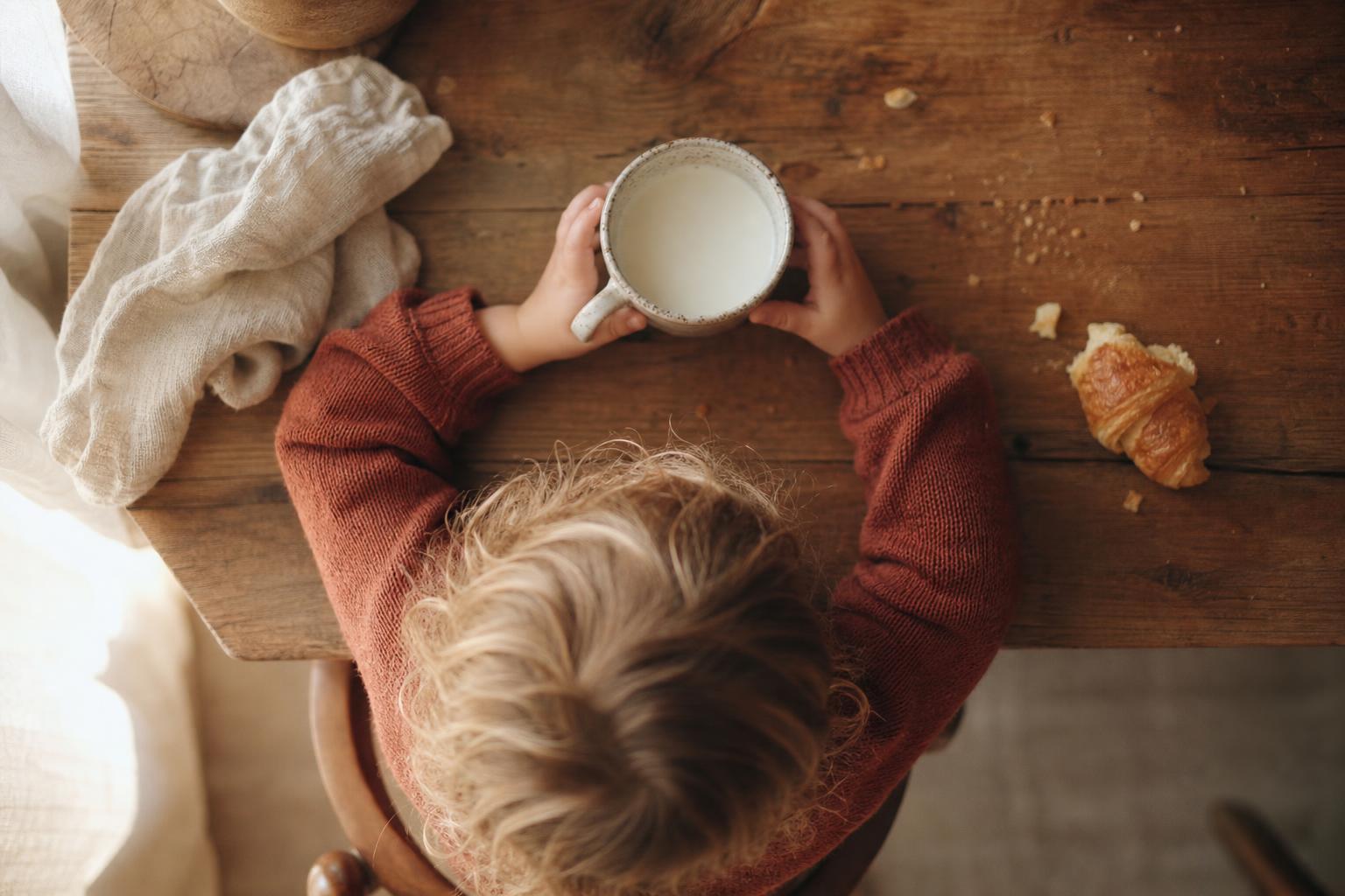 Kind am Frühstückstisch mit Tasse
